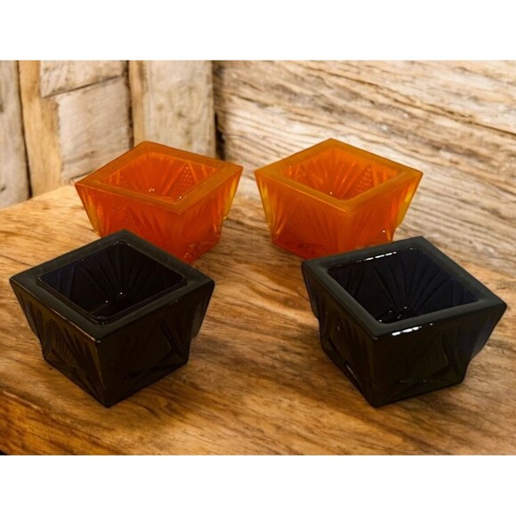 4 Blue & Orange Glass Open Salt Dip Cellar Square Pineapple Pattern Starburst - Picture 1 of 11